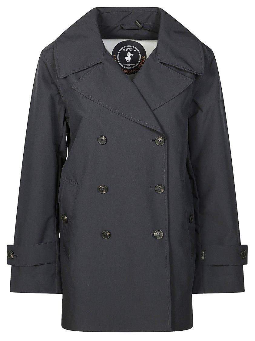 Save The Duck Double-Breasted Black Trench Coat With Tailored Silhouette