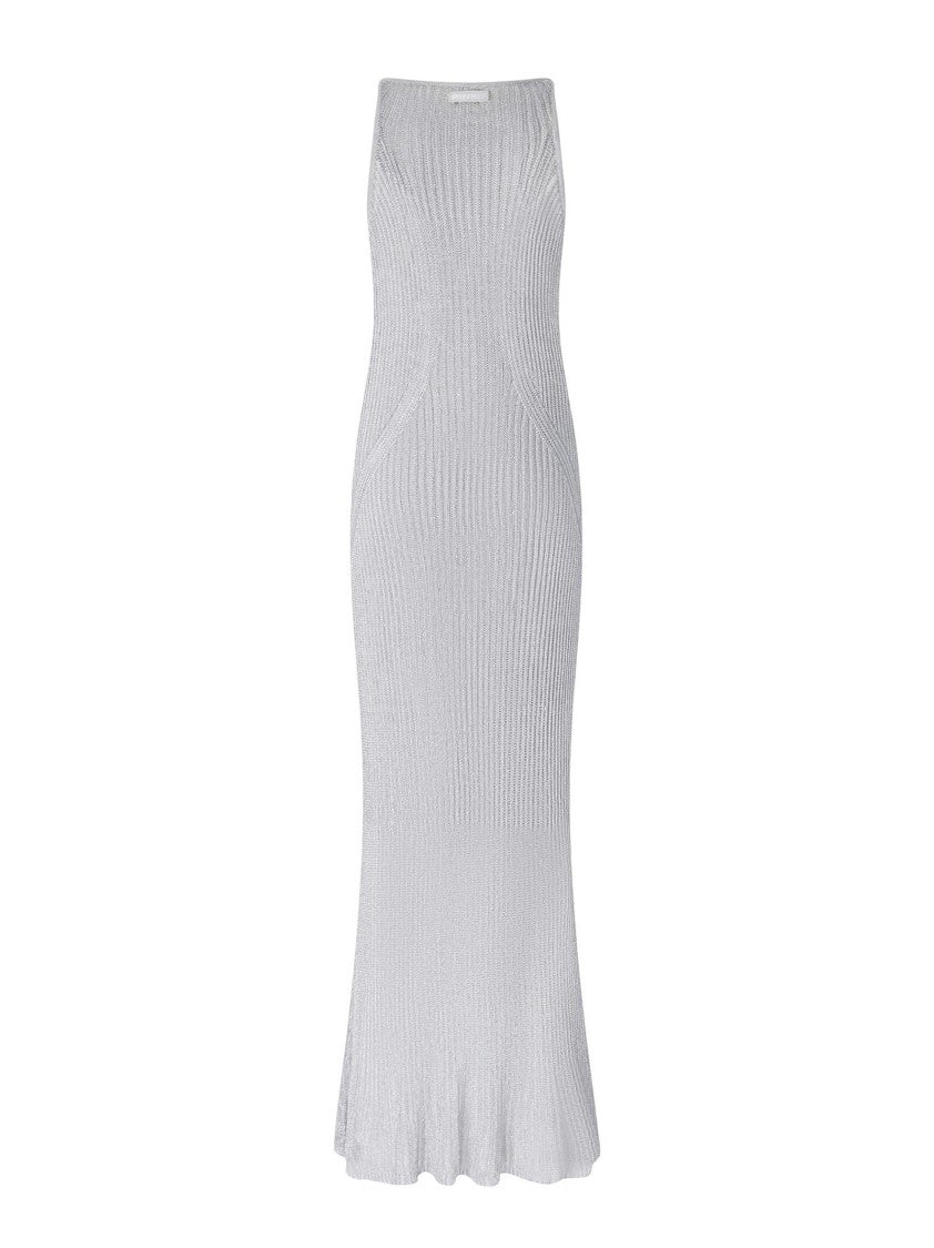 Pinko Long Sleeveless Metallic Ribbed Grey Dress
