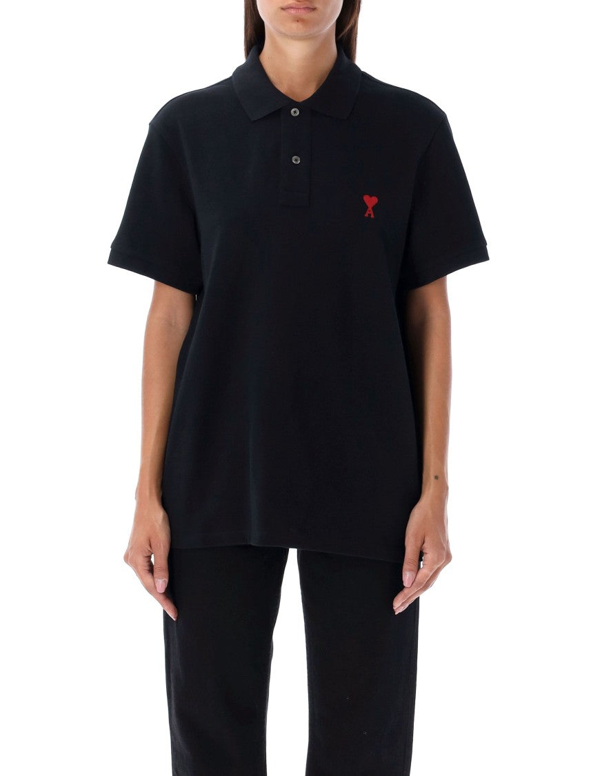 Ami Paris Classic Black Polo Shirt With Iconic Heart Logo