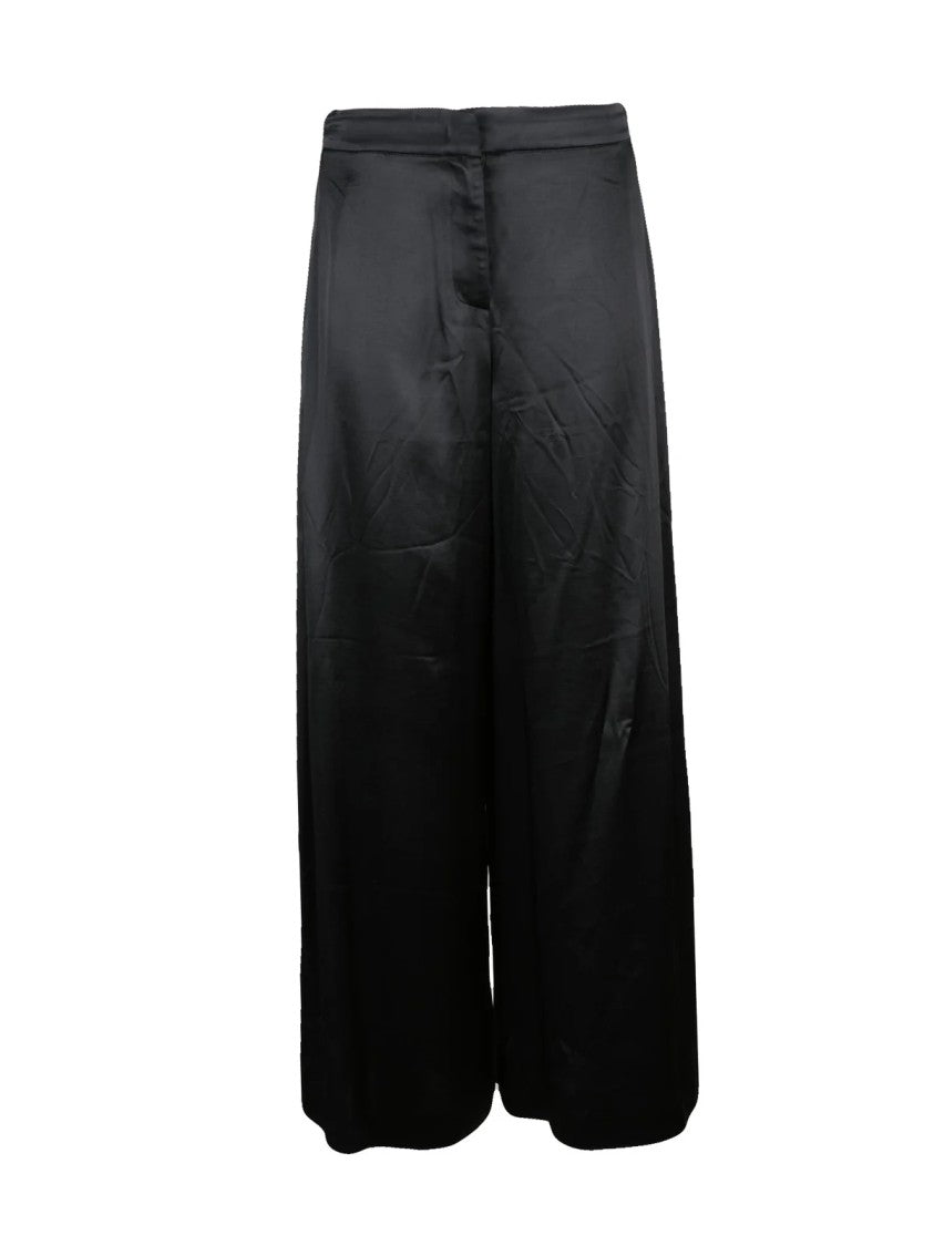 Meimeij Black Pleated Wide-Leg Satin Viscose Pants