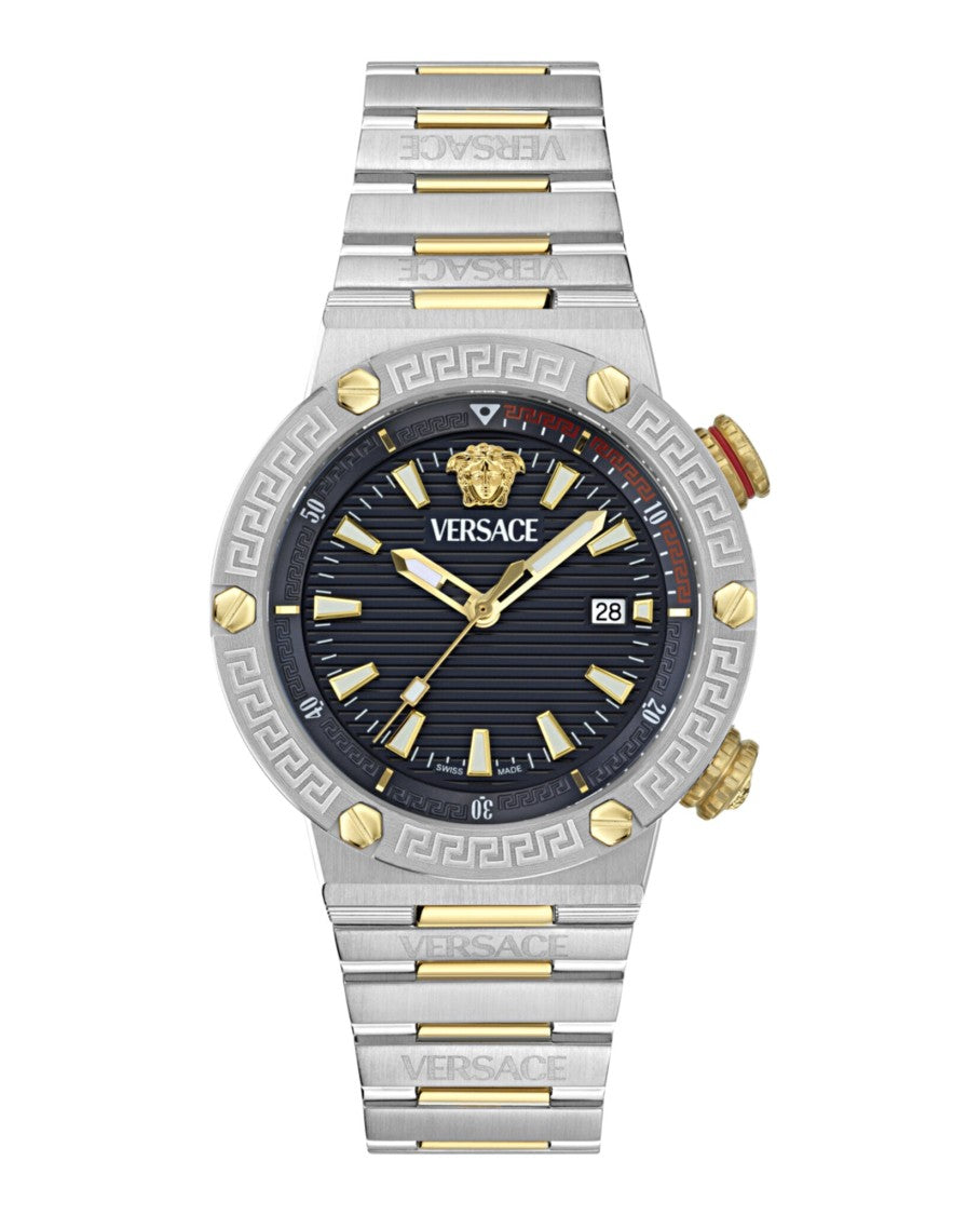 Versace Greca Logo Diver Bracelet Watch With Blue Guilloche Dial