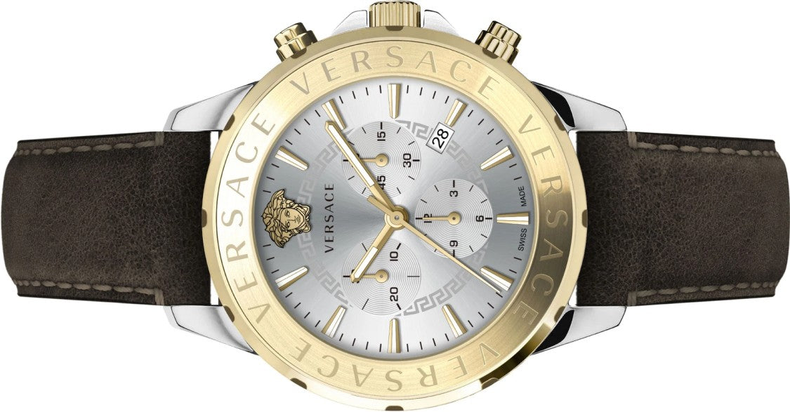 Versace Chrono Signature 44Mm Watch With Silver Dial And Gold Bezel