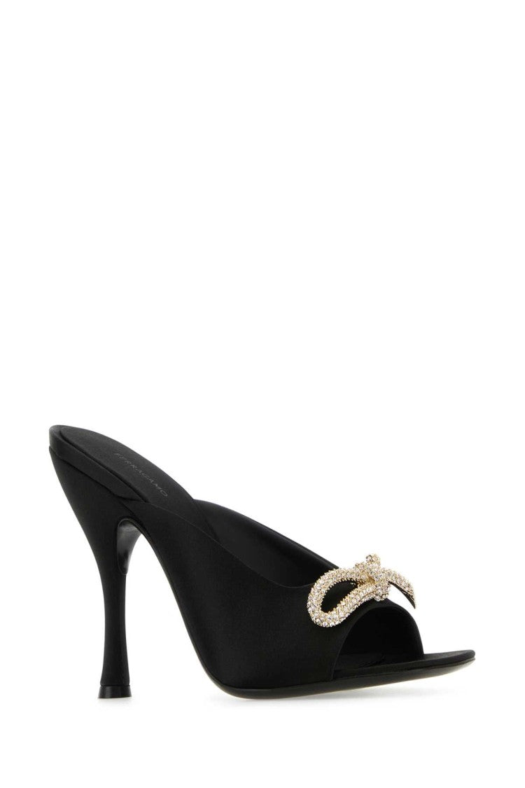Salvatore Ferragamo Open-Toe Black Satin Mules With Curved Heels