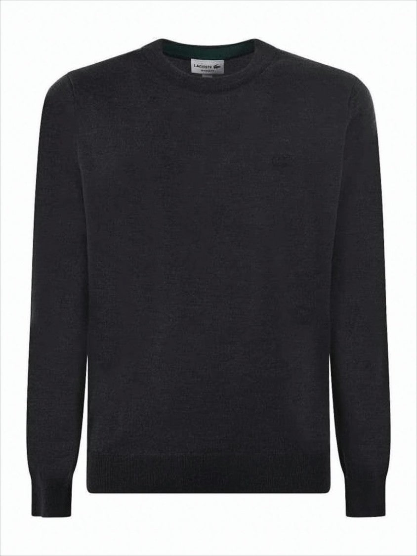 Lacoste Crew Neck Black Wool Sweater With Ribbed Details