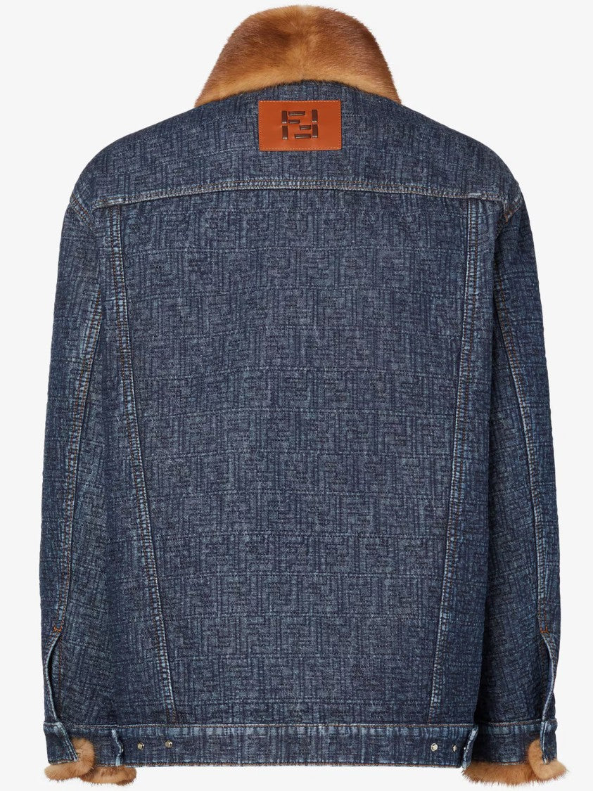 Fendi Padded Denim Jacket With Textured Fabric And Fur Collar