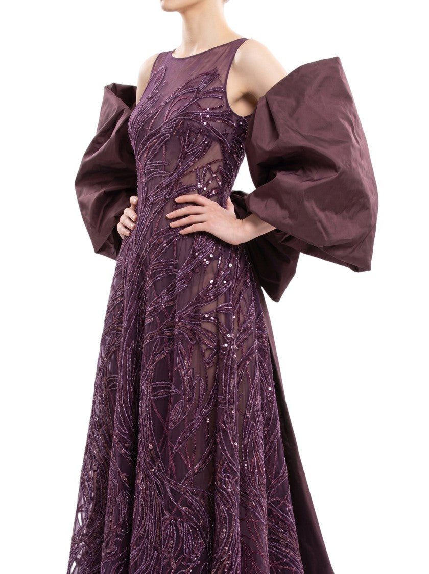 Saiid Kobeisy Bateau Neckline Embroidered Long Dress With Oversized Cape