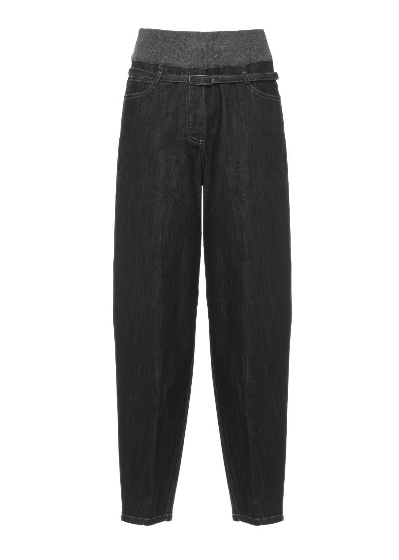 Panicale Black Belted Elastic Waist Cotton Chino Pants Pants