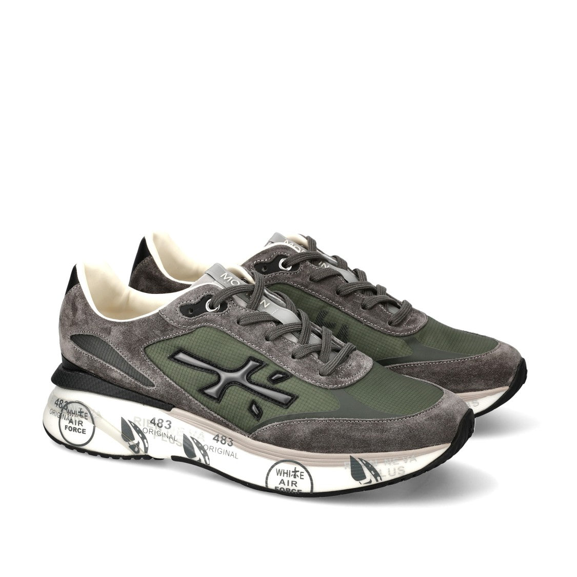 Premiata Moerun Sneakers In Gray Suede And Technical Fabric Green
