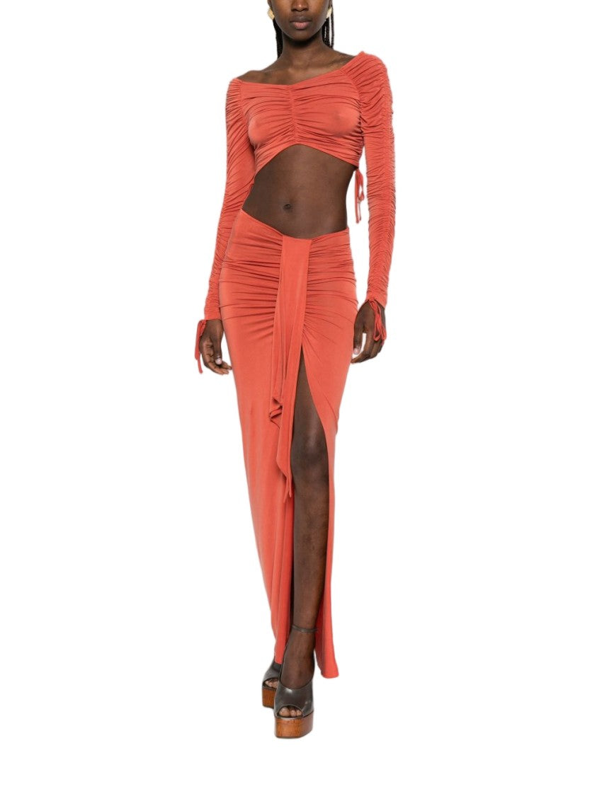 Balmain Orange Cropped Long Sleeve Ruching Top
