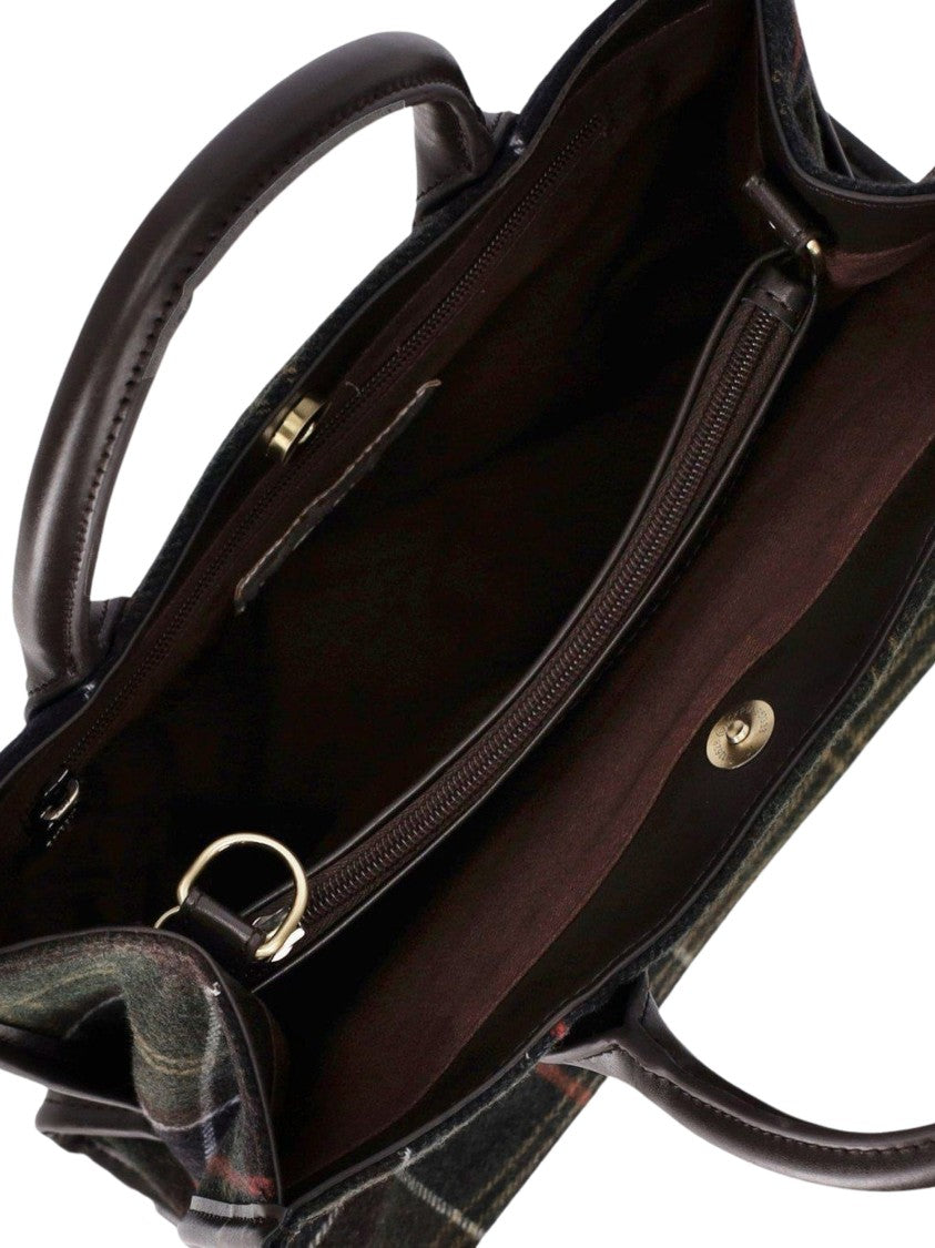 Barbour Checked Tote Bag With Leather Accents And Detachable Strap