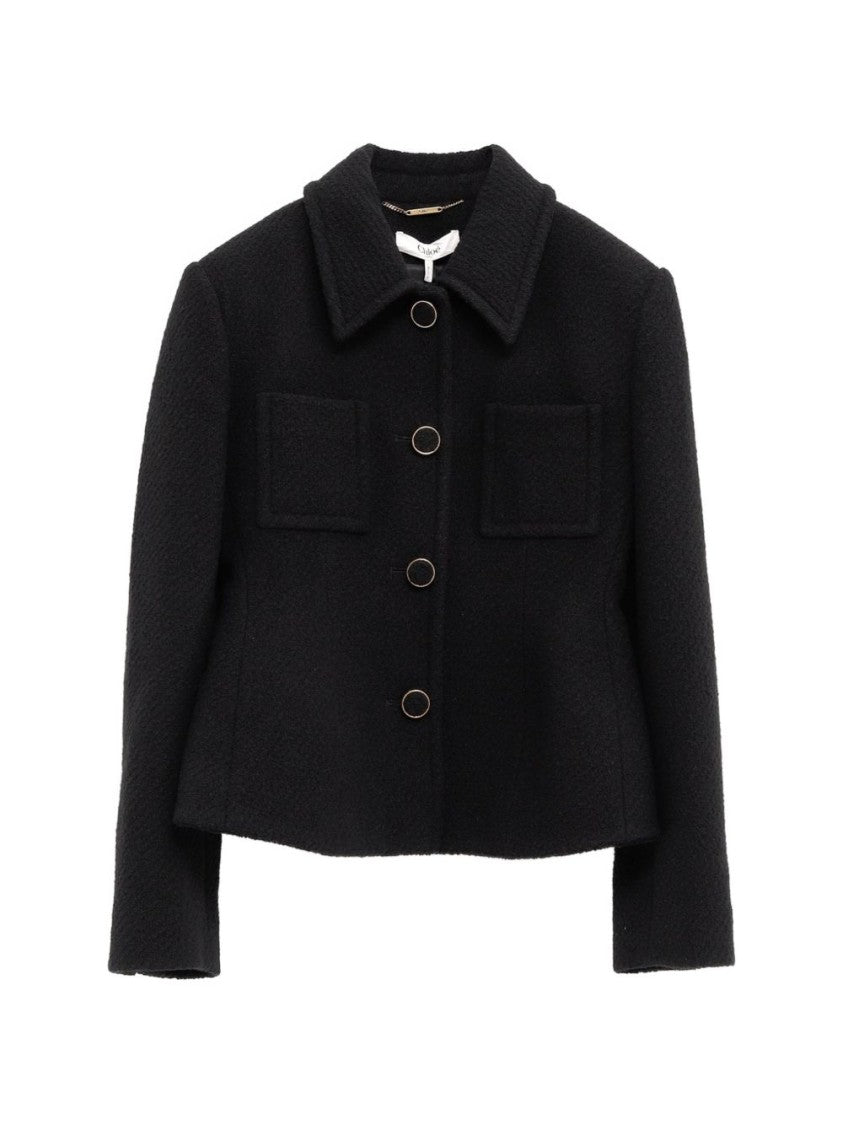 Chloé Black Cropped Structured Textured Buttoned Jacket
