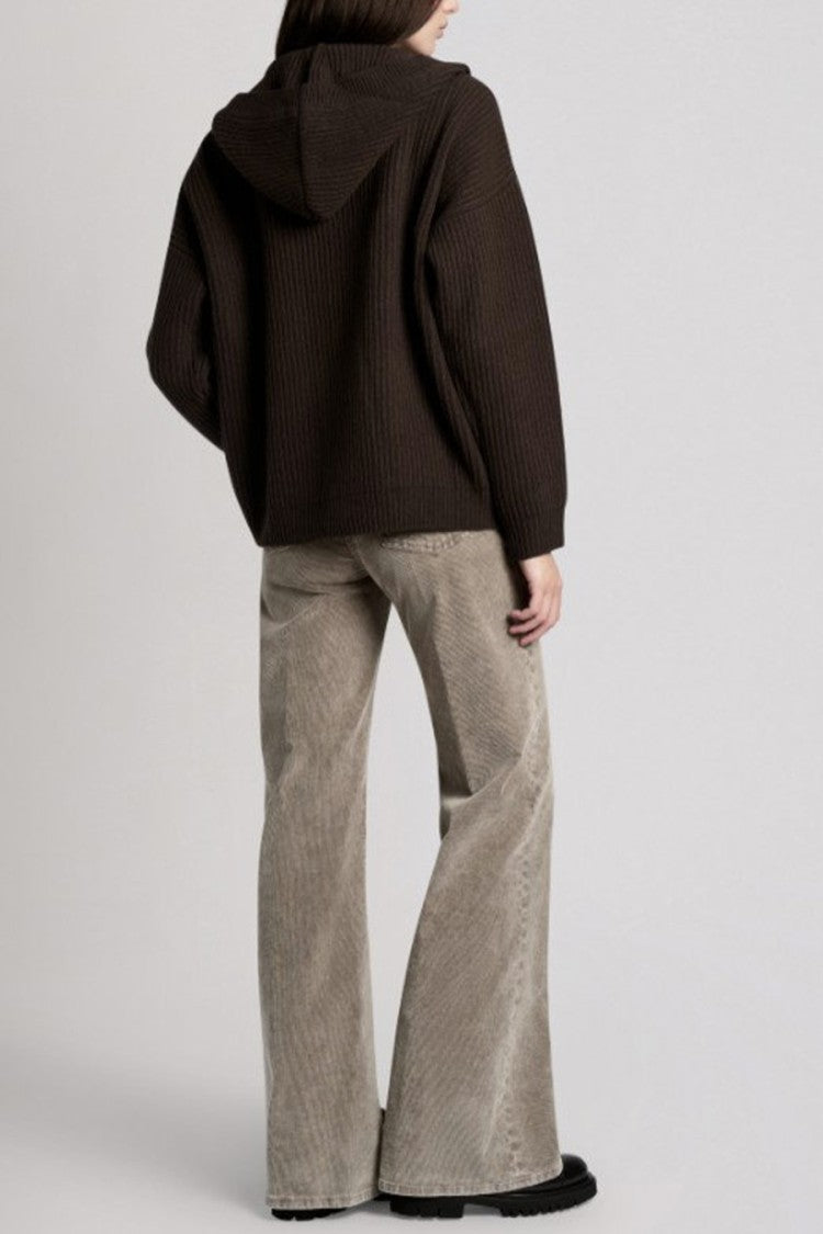 Dondup Dark Brown Chunky Ribbed Hooded Wool Cardigan