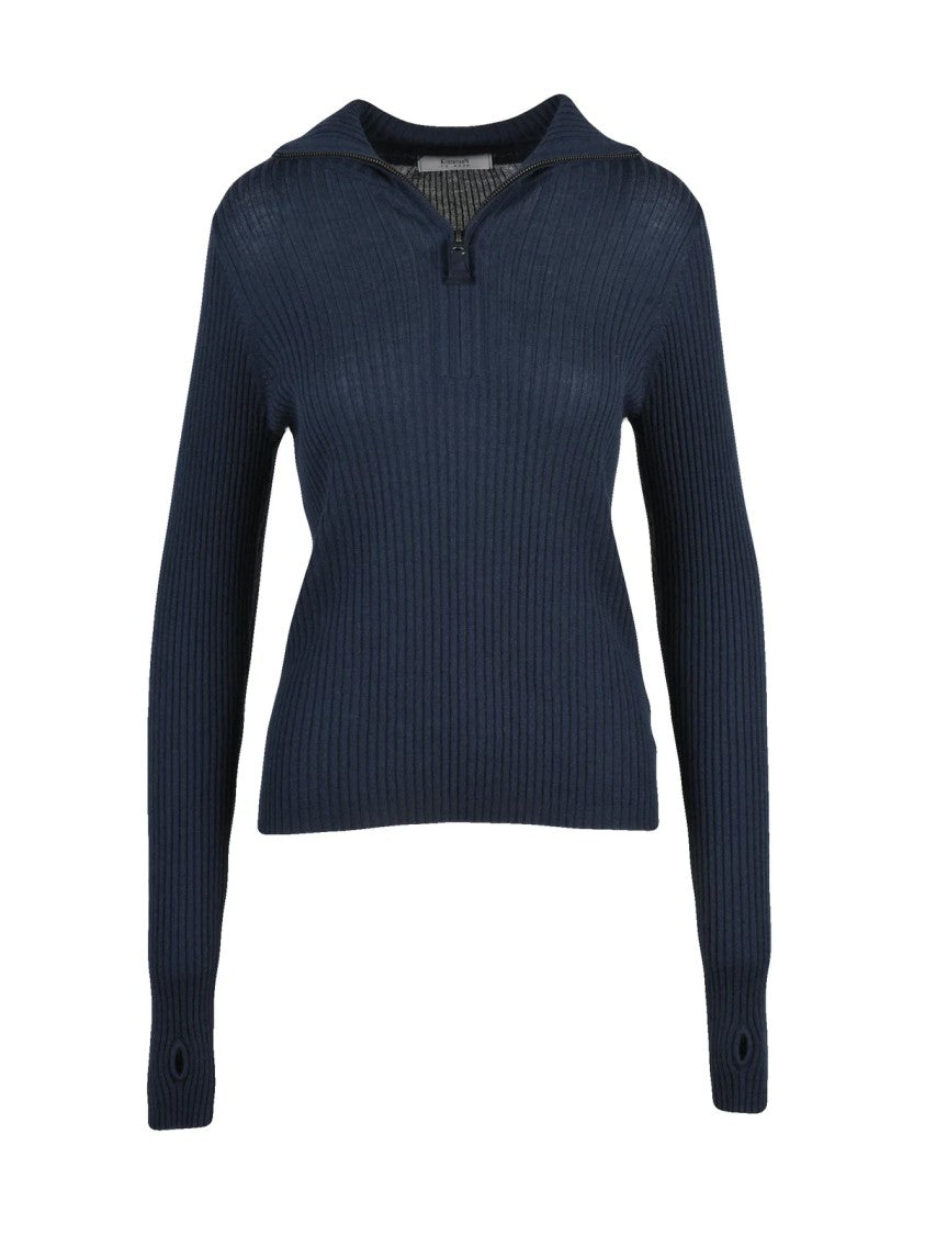 Kristensen Du Nord Blue Ribbed Zip-Neck Cashmere-Merino Sweater