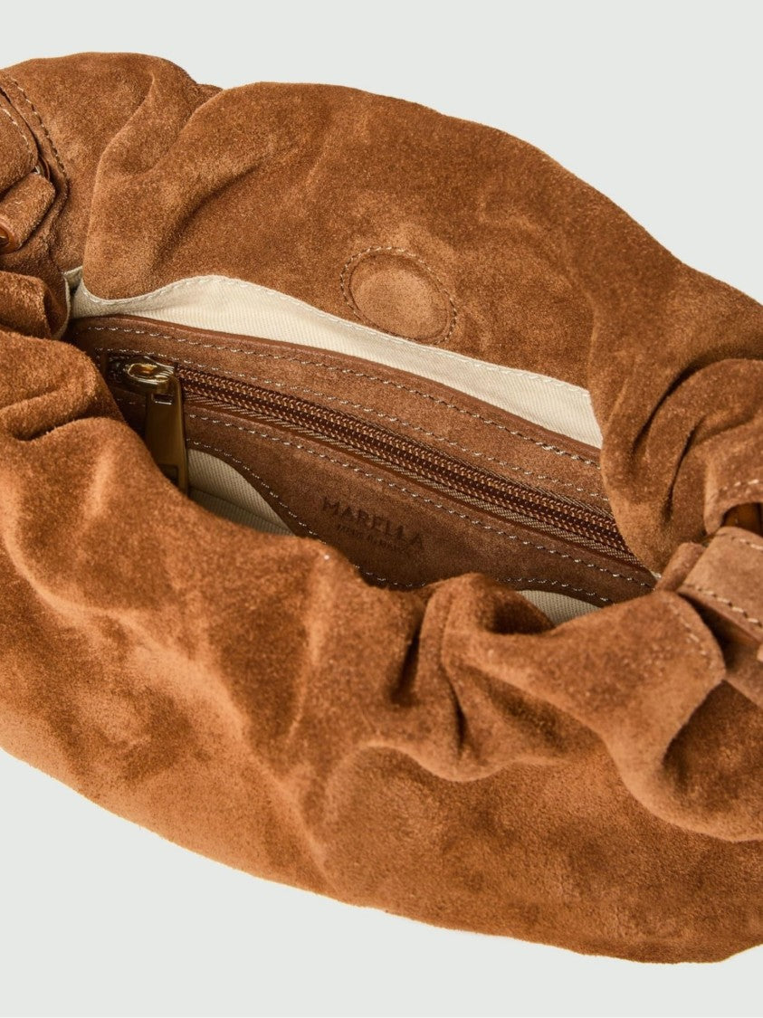 Marella Ruched Design Suede Shoulder Bag With Adjustable Strap