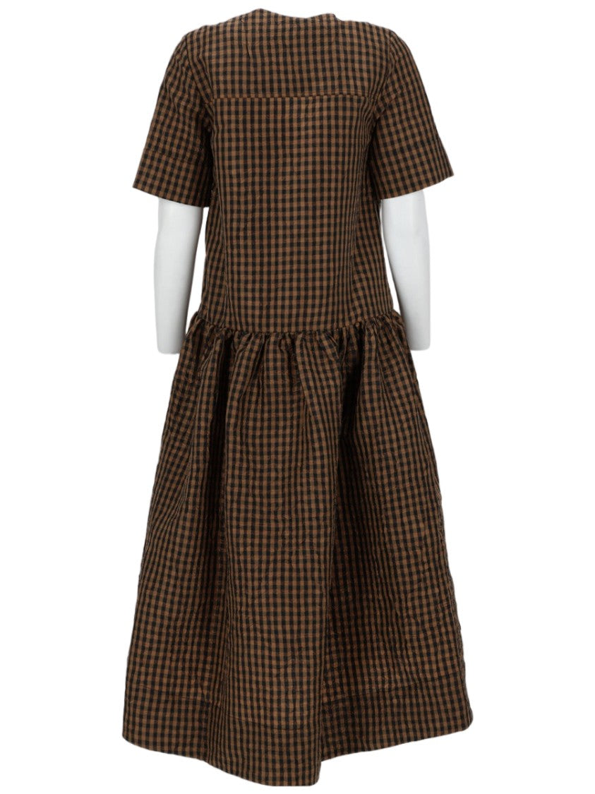 Ganni Brown Check Gathered Waist Day Dress