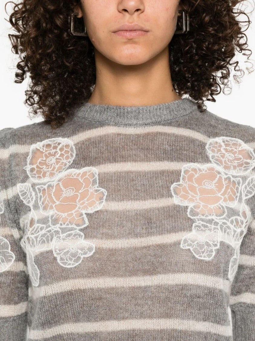 Twin-Set Floral Embroidered Striped Knit Sweater