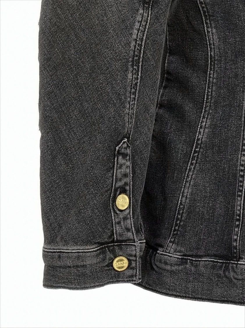 Ganni Structured V-Neck Denim Jacket With Gold-Tone Accents