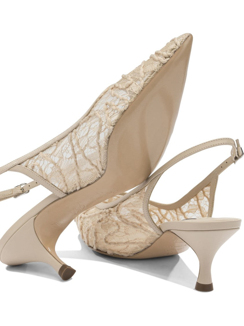 Casadei Pointed Toe Lace Overlay Slingback Heeled Shoes