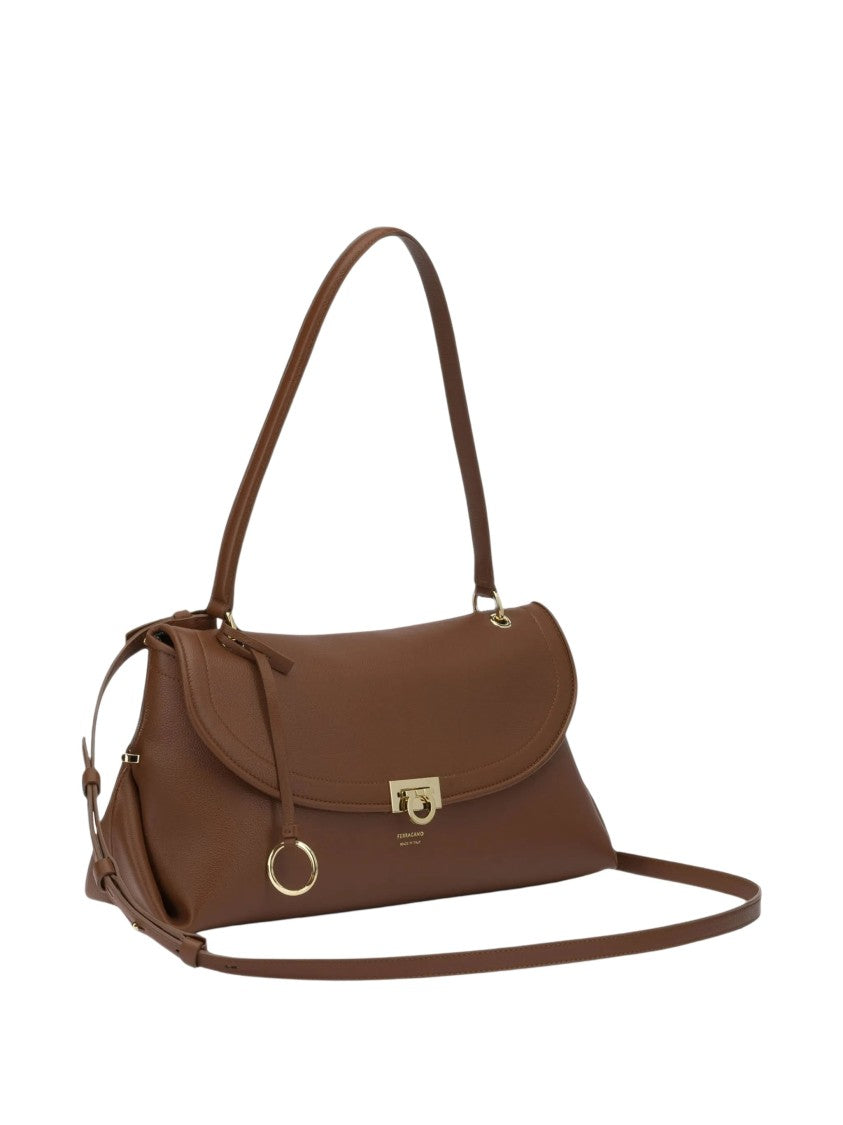 Salvatore Ferragamo Brown Pebbled Leather Shoulder Bag With Gancini Lock