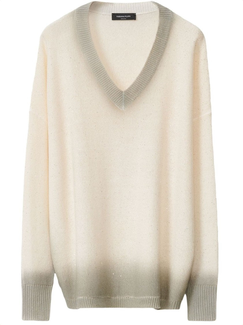 Fabiana Filippi Gradient Effect White Sweater With Deep V-Neckline