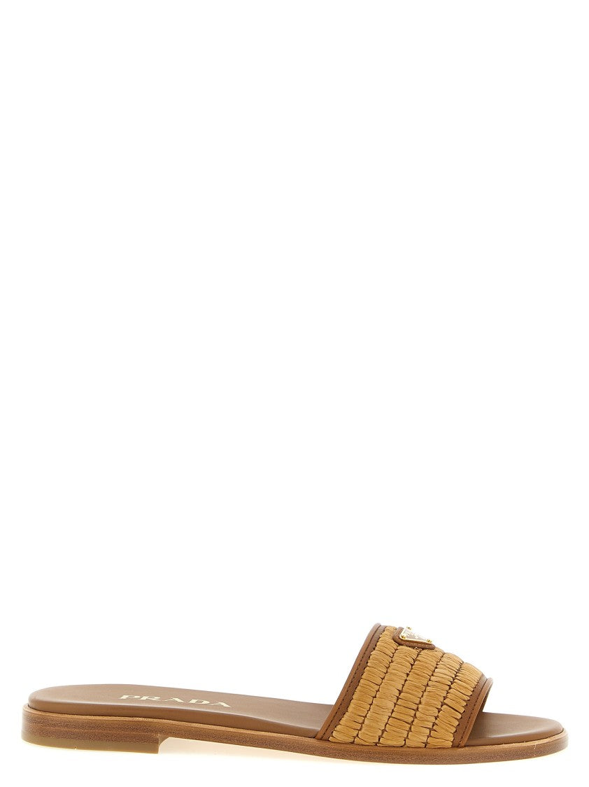 Prada Woven Viscose Raffia Slides With Crochet Detailing And Enameled Triangle Logo