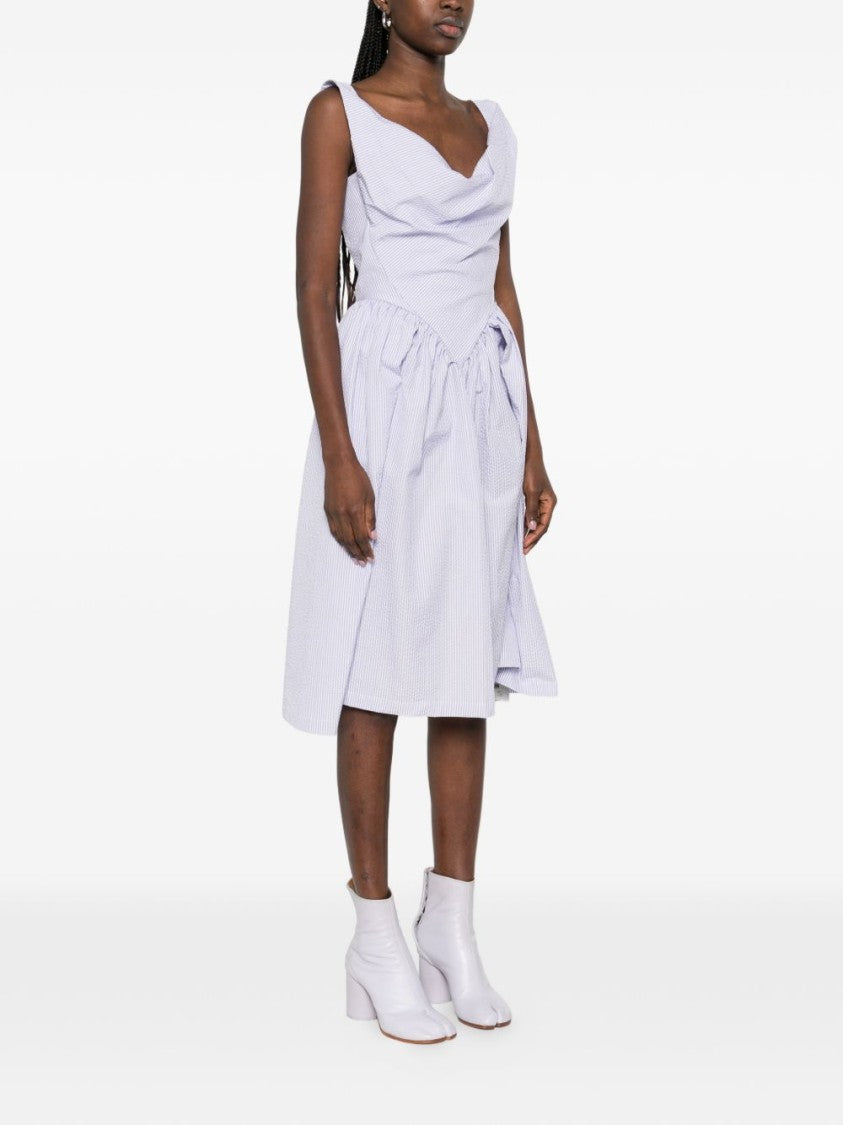 Vivienne Westwood Sleeveless White Midi Dress With Draped Cowl Neckline And Gathered Waist