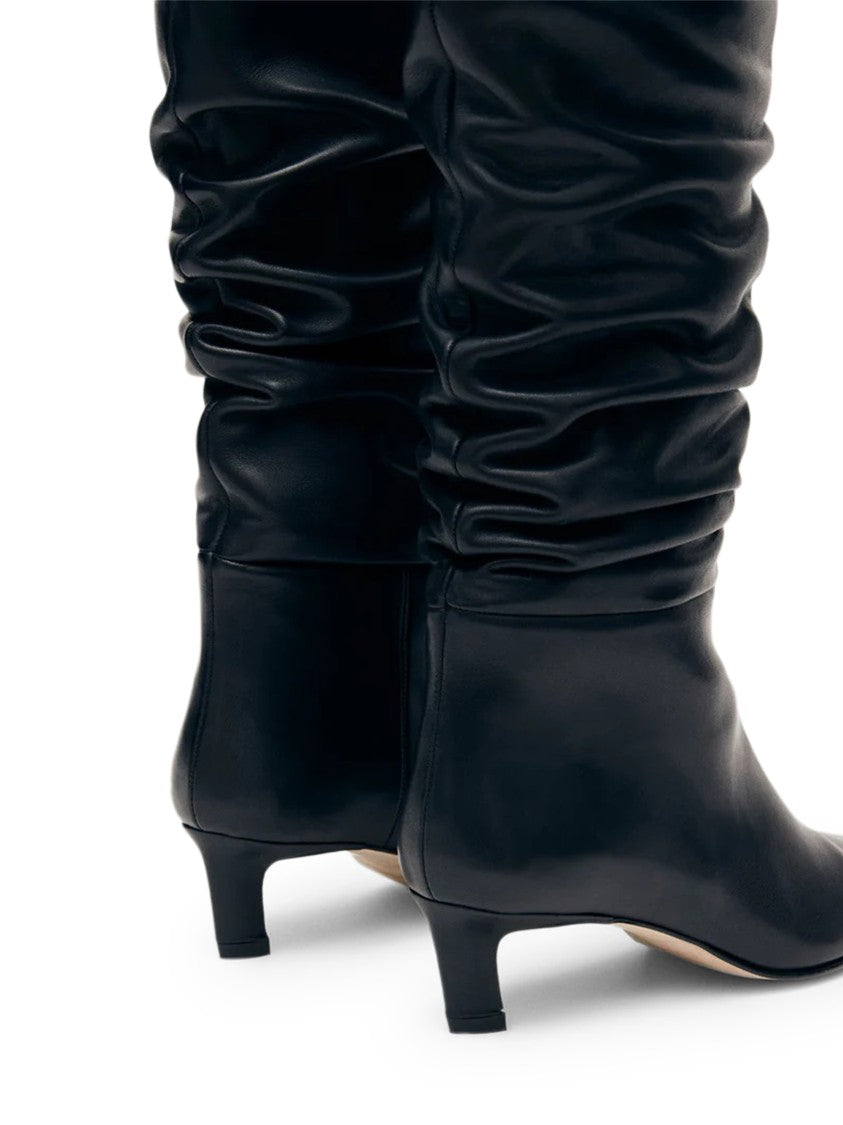 Alohas Mid-Calf Black Leather Boots With Pointed Toe And Relaxed Texture