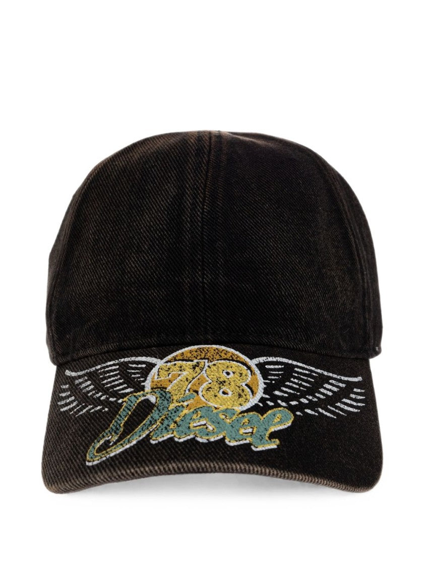 Diesel Black Structured Embroidered Graphic Silk-Nylon Blend Hat