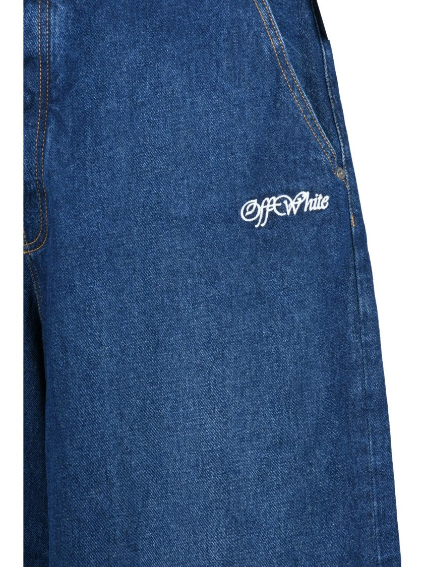 Off-White Blue Cotton Script Wide Jeans