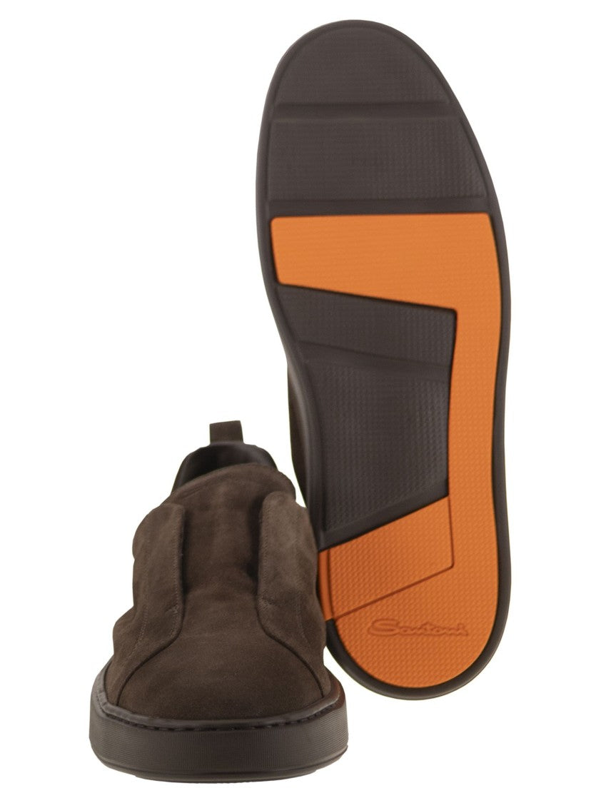 Santoni Suede Slip-On Trainer With Double Buckle Decoration