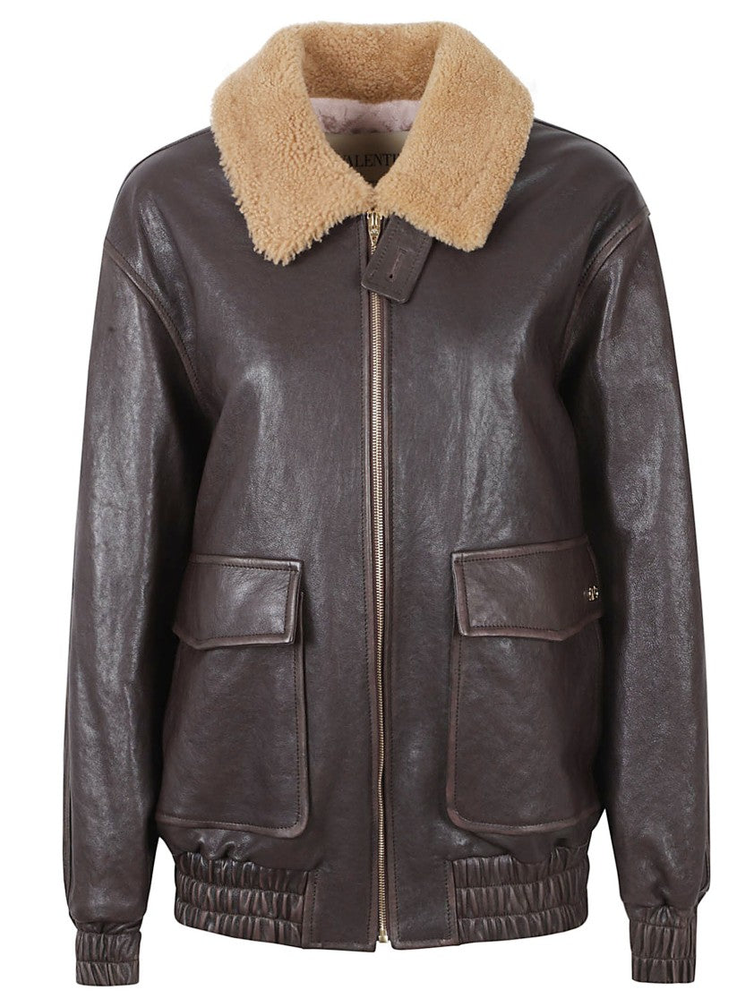 Valentino Garavani Rich Dark Brown Leather Coat With Shearling Collar
