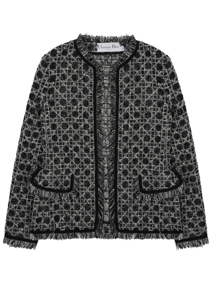 Dior Textured Tweed Jacket With Geometric Pattern And Fringed Details