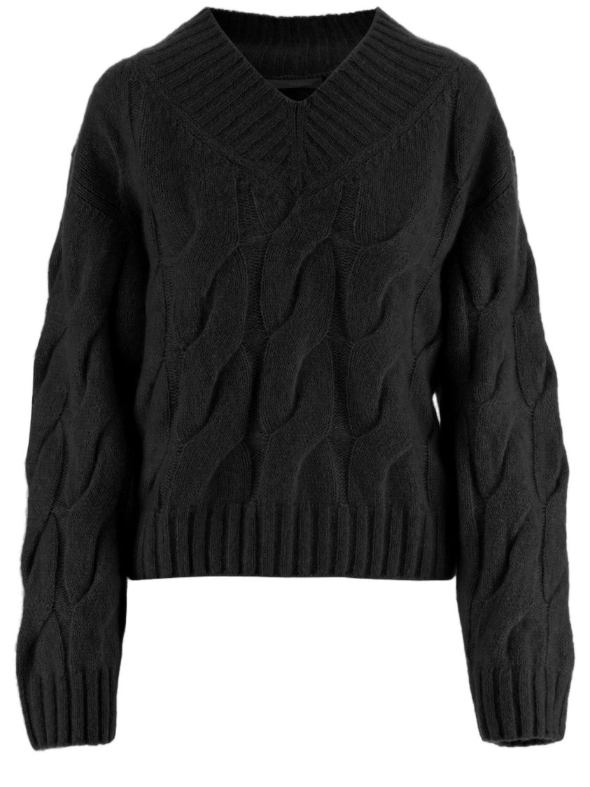 Allude Black Cable Knit V-Neck Cashmere-Silk Sweater