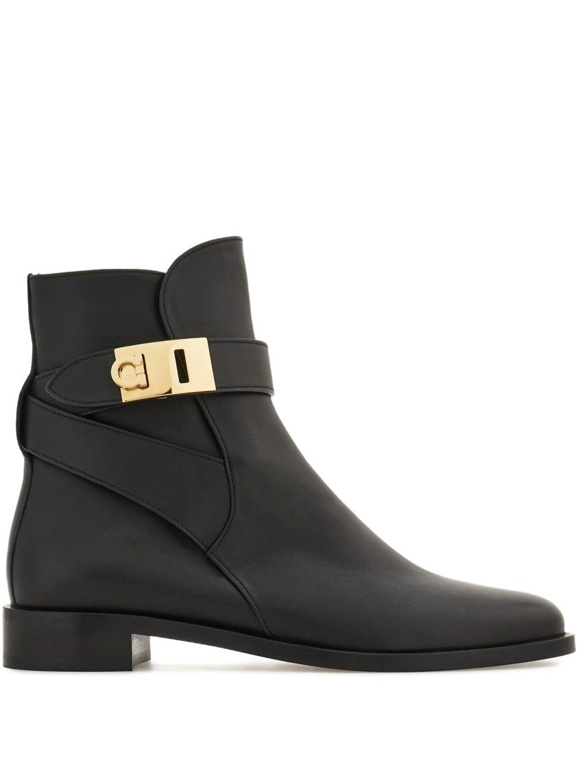 Salvatore Ferragamo Pointed Toe Leather Ankle Boots With Gold-Tone Buckle Detail
