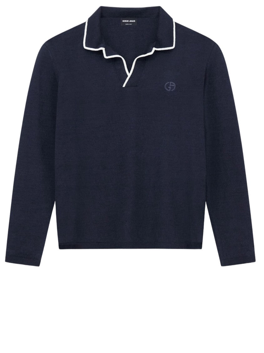 Giorgio Armani Navy Blue Linen-Silk Blend Polo Shirt