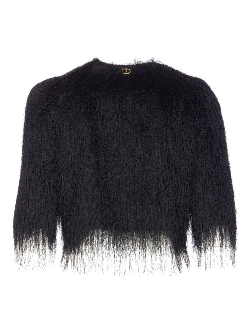 Twin-Set Textured Cropped Sweater With Airy Fringed Design