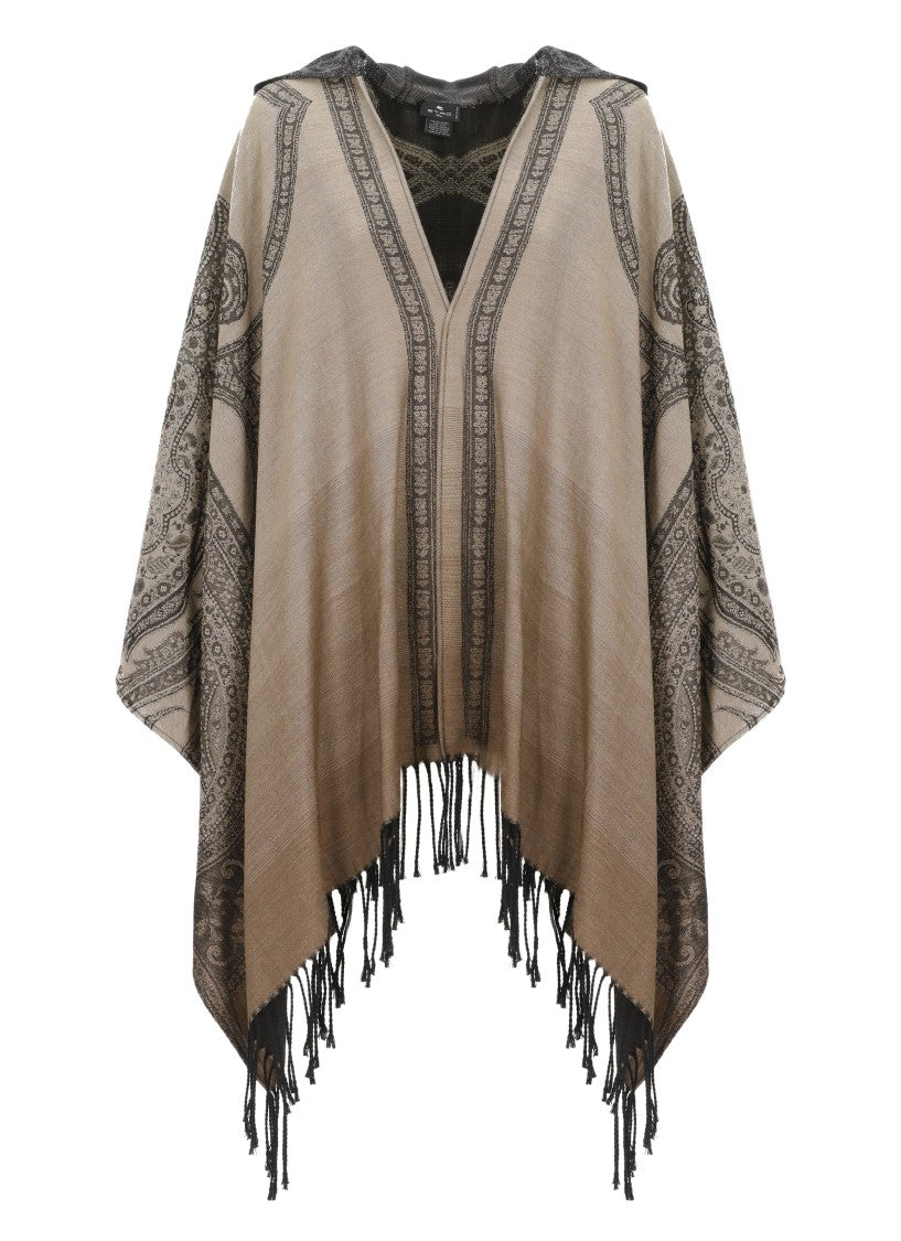 Etro Beige Wool Cape With Intricate Black Patterns