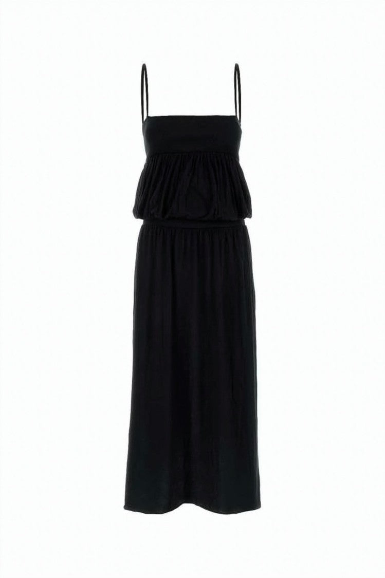 Gimaguas Sleeveless Black Midi Dress With Layered Bodice And Spaghetti Straps