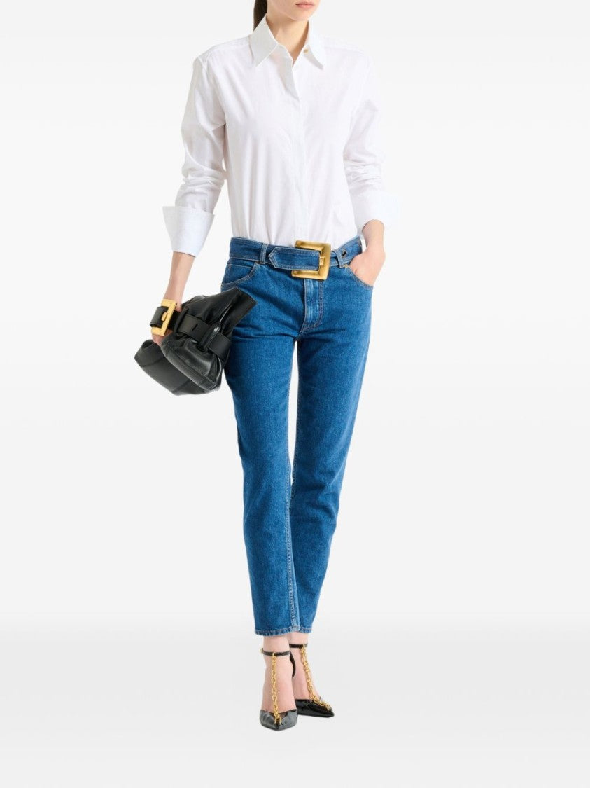 Balmain Straight-Leg Denim Jeans With Oversized Gold Buckle Belt
