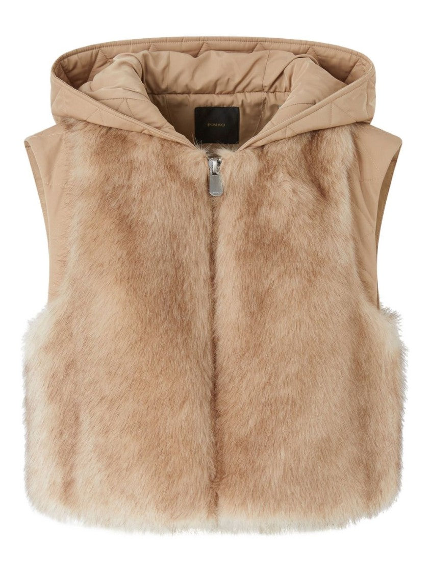 Pinko Cropped Beige Knitwear Jacket With Faux Fur
