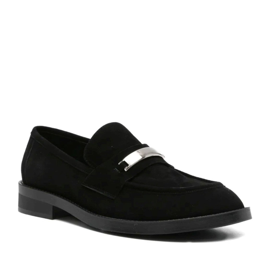 Adrianna Feretti Black Rounded Toe Silver Accent Suede Loafers