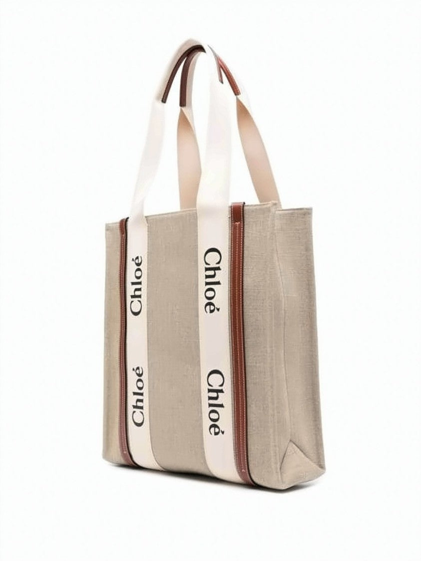 Chloé Structured Linen Tote Bag With Calf Leather Accents