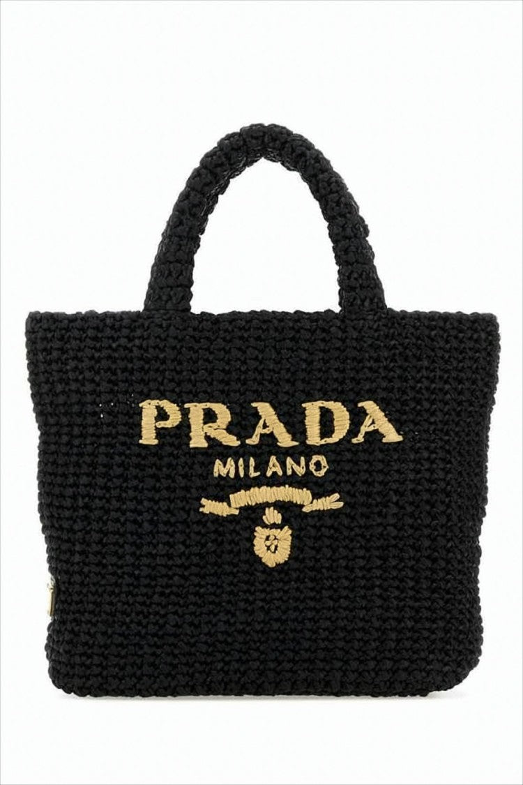 Prada Woven Raffia Tote Bag With Embroidered Logo Detail