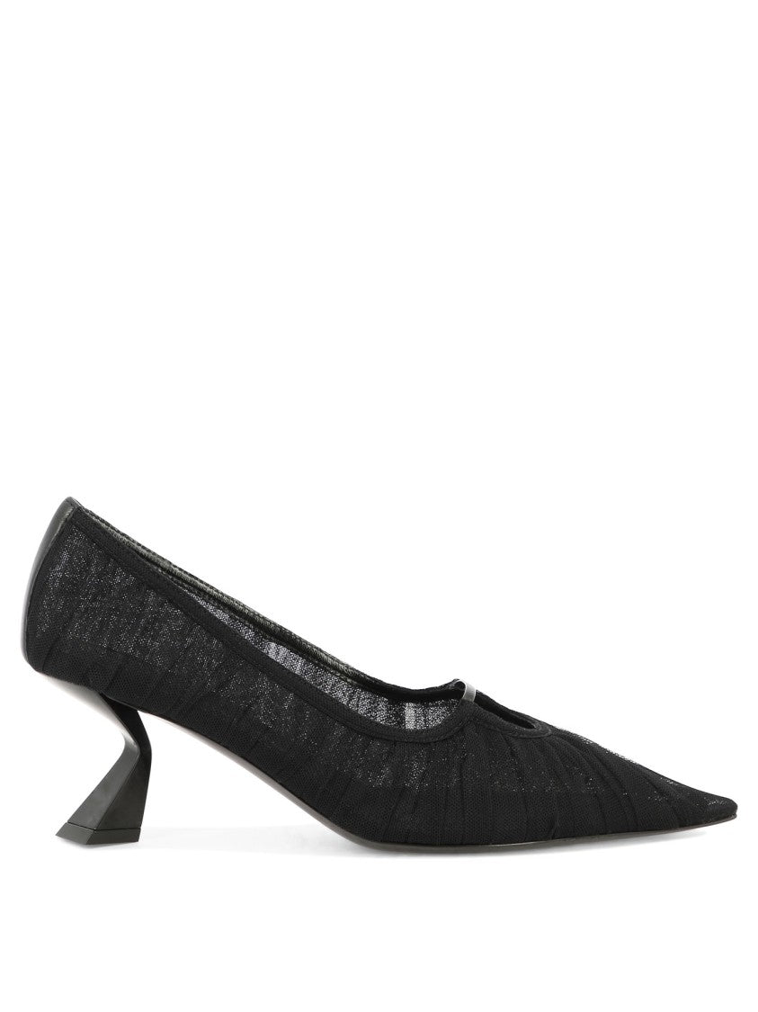 Nensi Dojaka Black Tulle Pumps With Angular Heel And Leather Accents