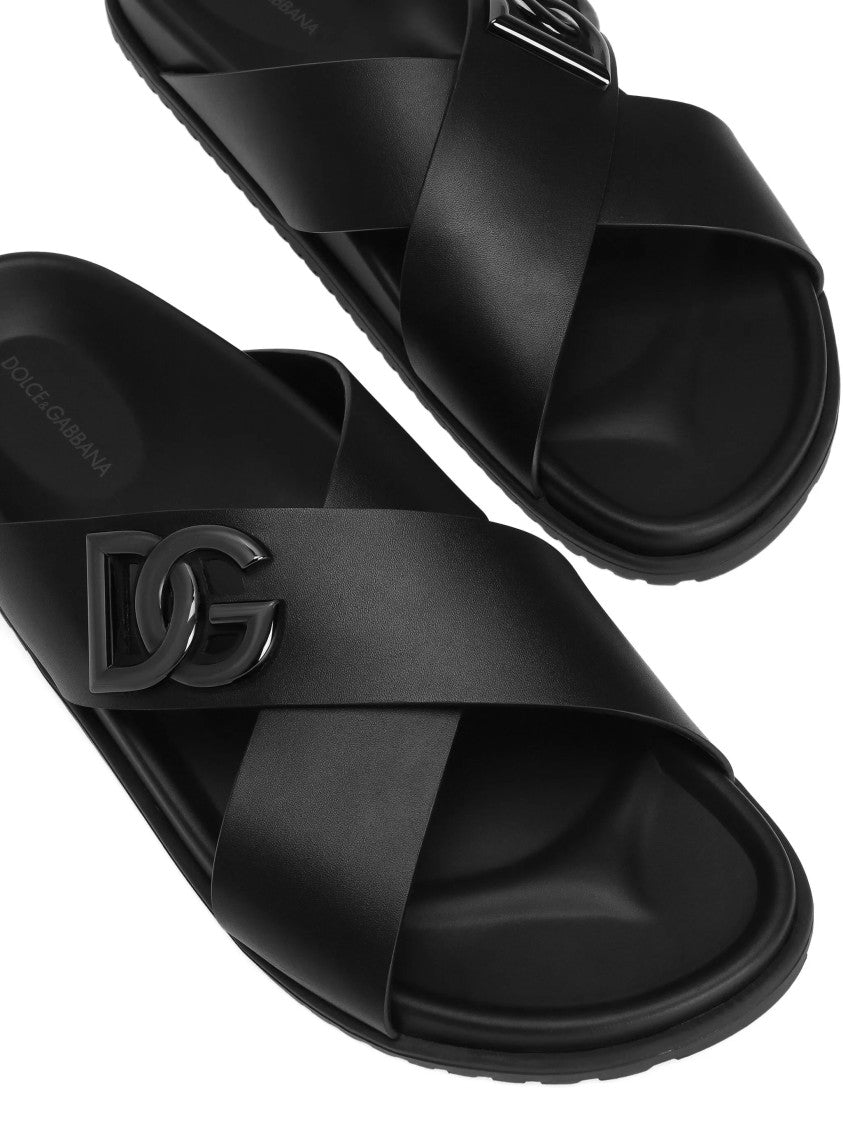 Dolce & Gabbana Black Leather Crisscross Strap Logo Sandals