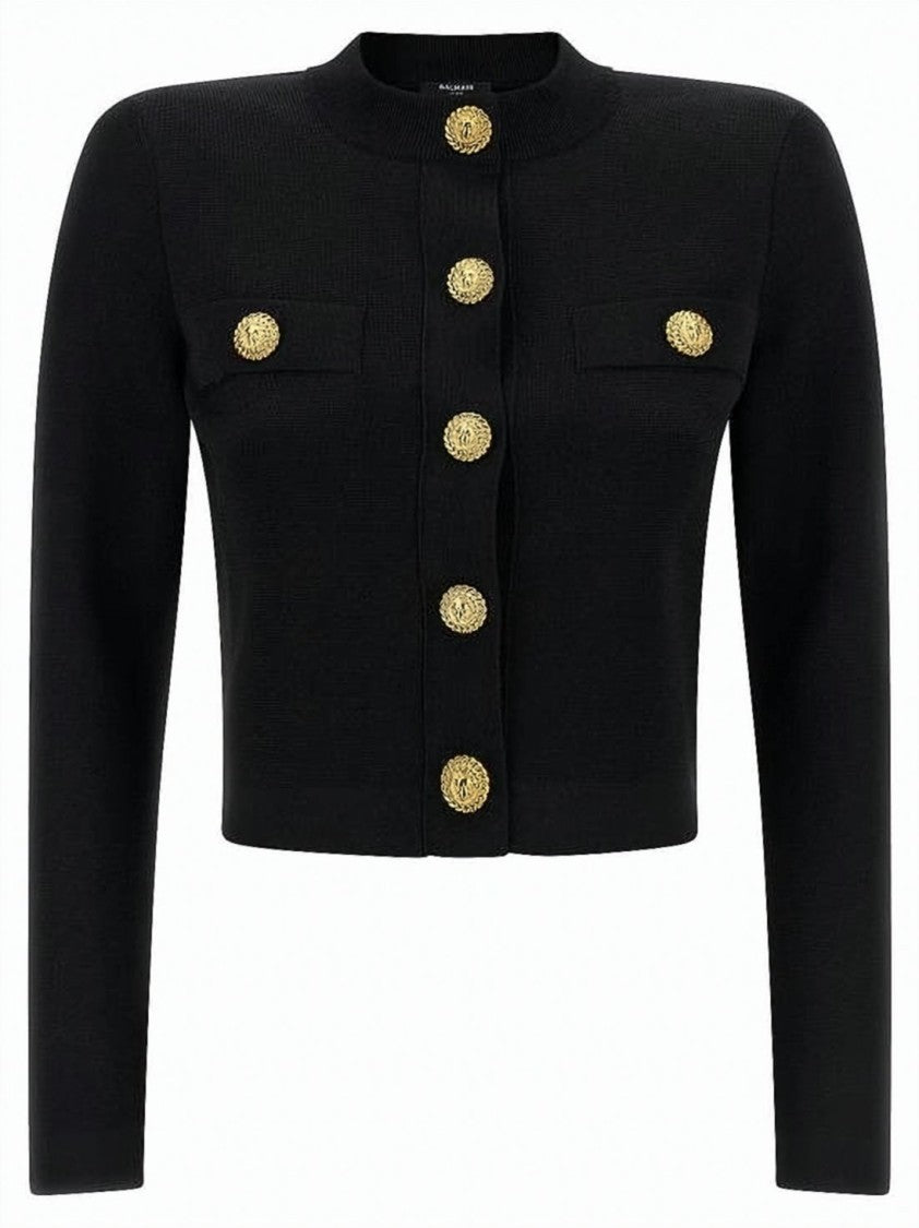 Balmain Cropped Black Cardigan With Gold-Tone Detailing