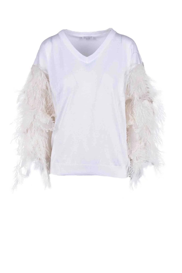 Brunello Cucinelli V-Neck Knit Top With Feathered Sleeves