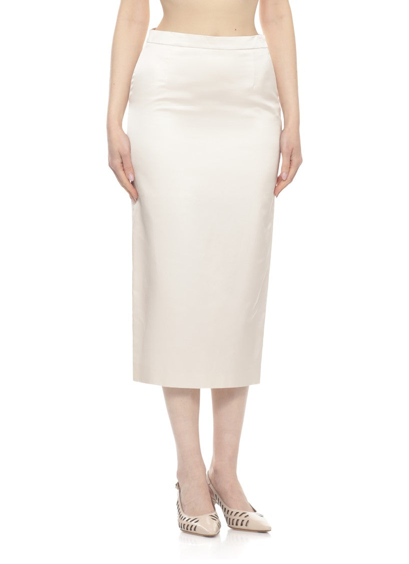 Pt Torino Ivory Cotton And Viscose Midi Skirt With Side Zip And Rear Vent