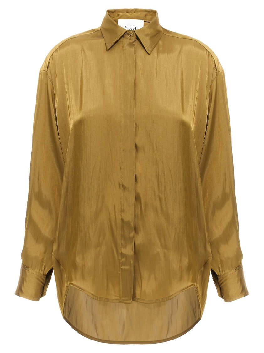 Nude Satin Shirt With Asymmetric Hem
