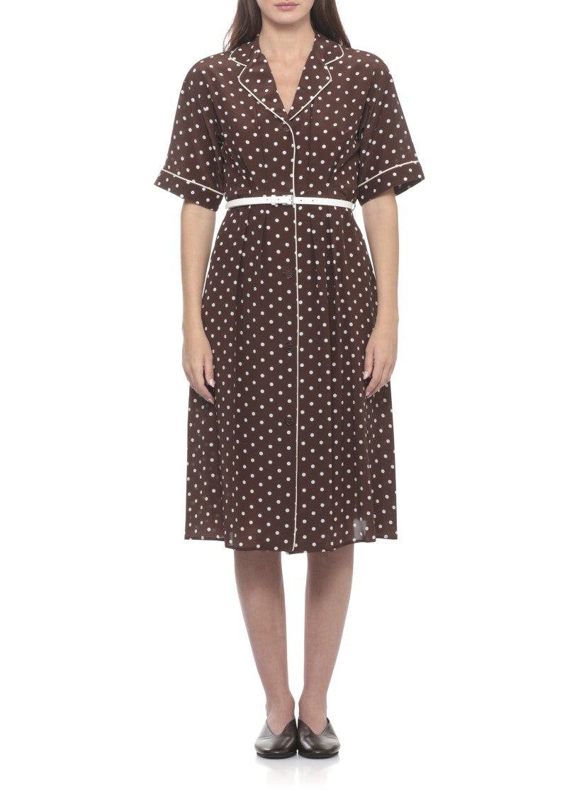 Parosh Brown Silk Midi Dress With Polka Dot Pattern And Button Closure